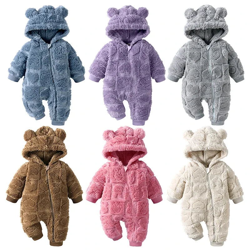 Baby Bubble velvet hooded romper with cartoon print, designed for warmth and comfort for infants.