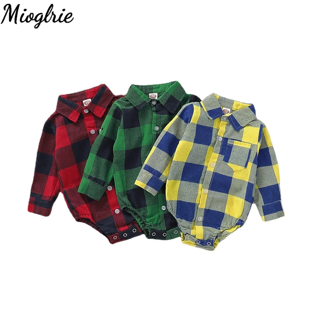 Baby Bubble newborn baby boy bodysuit featuring plaid long sleeves, lapel shirt, and romper for toddler boys.