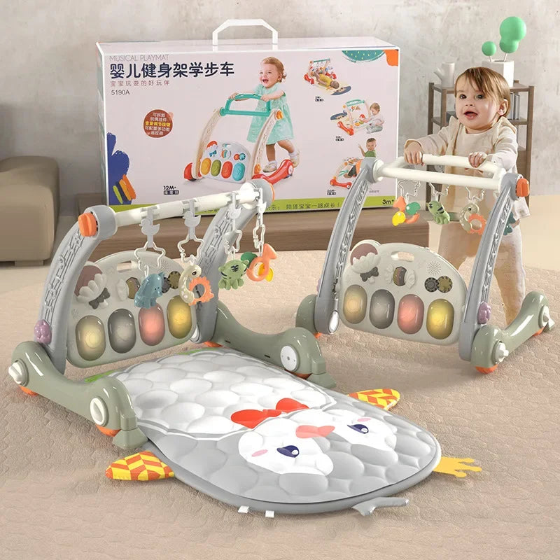 Baby Bubble 3-in-1 Baby Walker with fitness rack and piano, featuring colorful play panels for early learning and motor skill development.