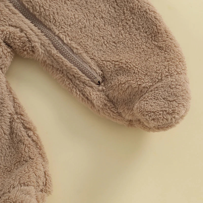 Baby Bubble baby hooded plush romper in soft, warm fabric, featuring a cozy hood and adorable design for winter comfort.