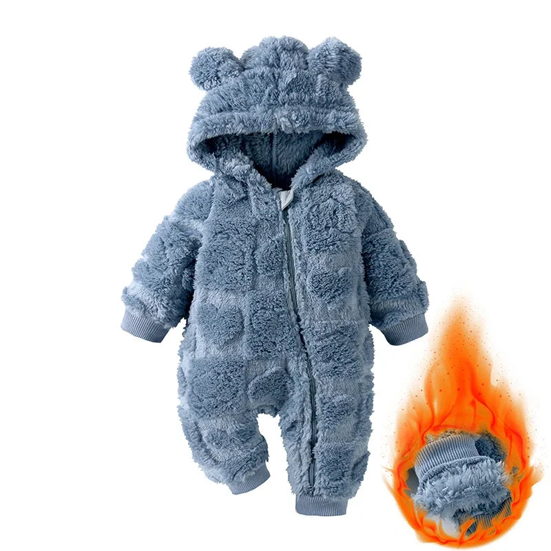 Soft baby velvet hooded romper featuring a warm cartoon design, perfect for cozy comfort and adorable style.