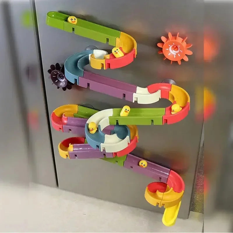 Baby Bubble Baby Bath Track Slide Toy water activity set with colorful slides, boats, and buildable parts for fun bath time play.