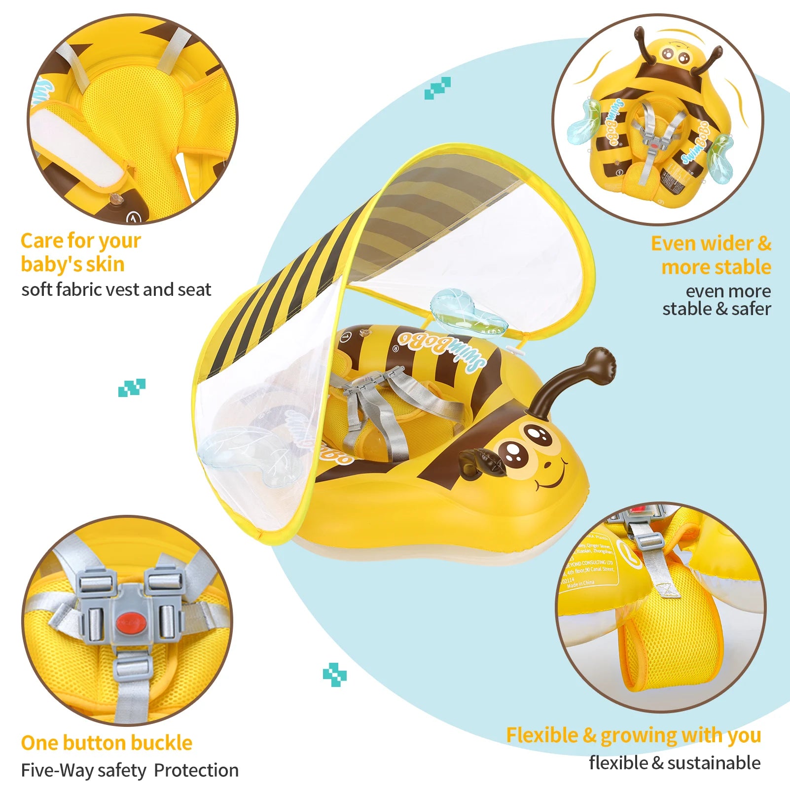 Baby Bee Float Ring inflatable mesh safety seat by Baby Bubble, designed for secure and comfortable baby swimming.