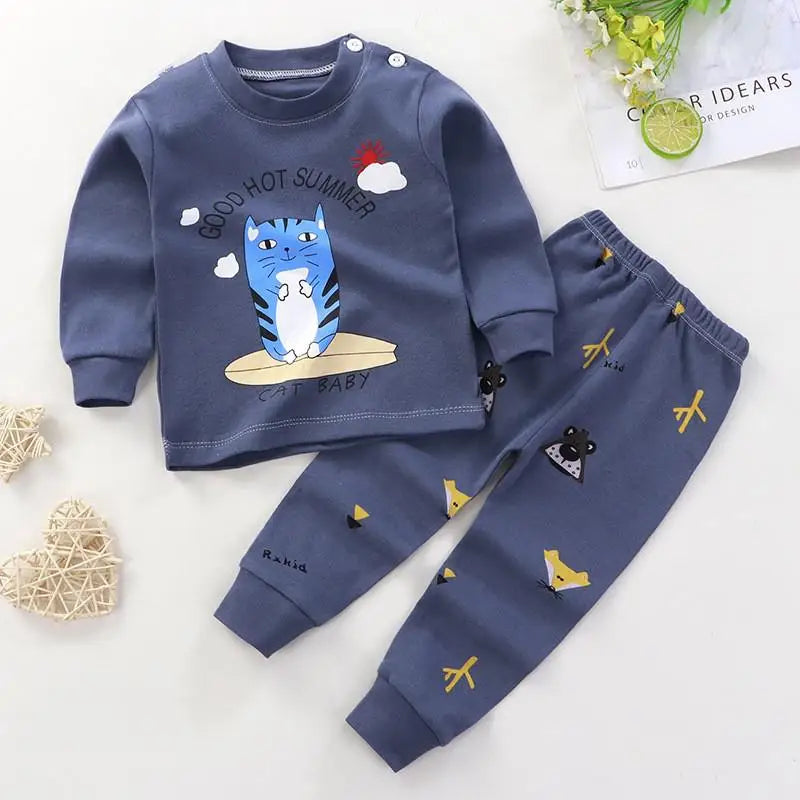 Baby Bubble toddler autumn pajamas set with cartoon tops and pants, long sleeve home wear suits for boys and girls, cute and comfortable.