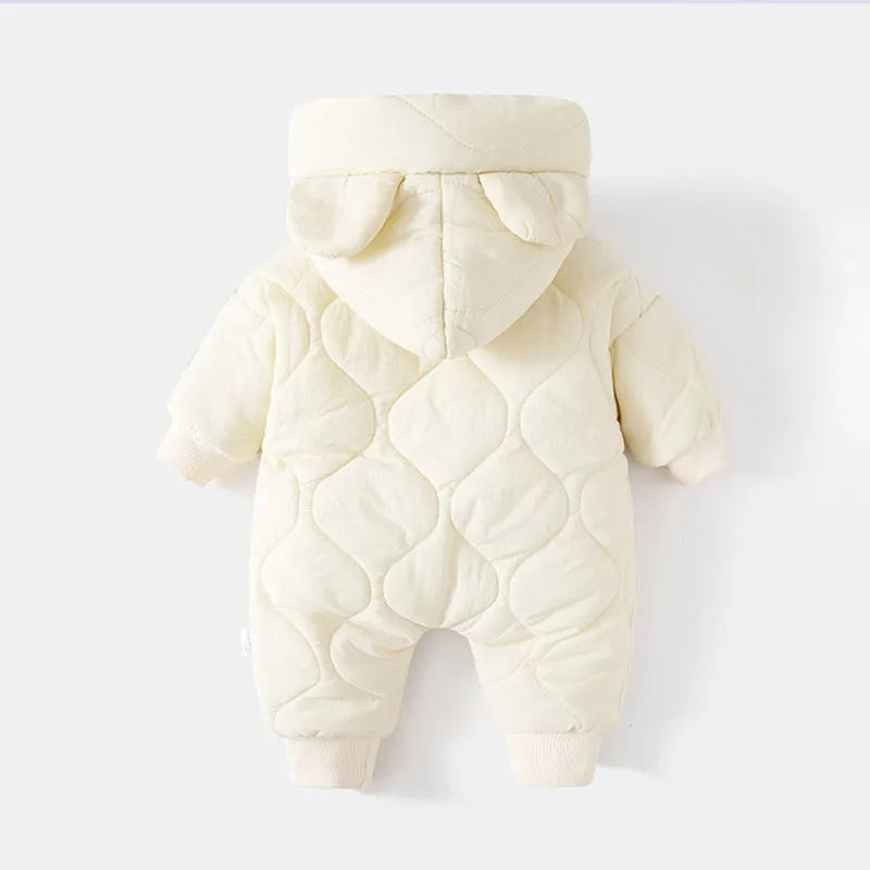 Baby Bubble baby winter romper featuring a cute cartoon bear design, cozy jumpsuit for infants in soft, warm fabric.