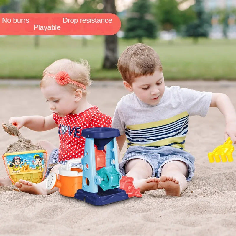Kids beach sand play set with bucket and shovel from Baby Bubble, showing colorful sand toys for children at the beach.