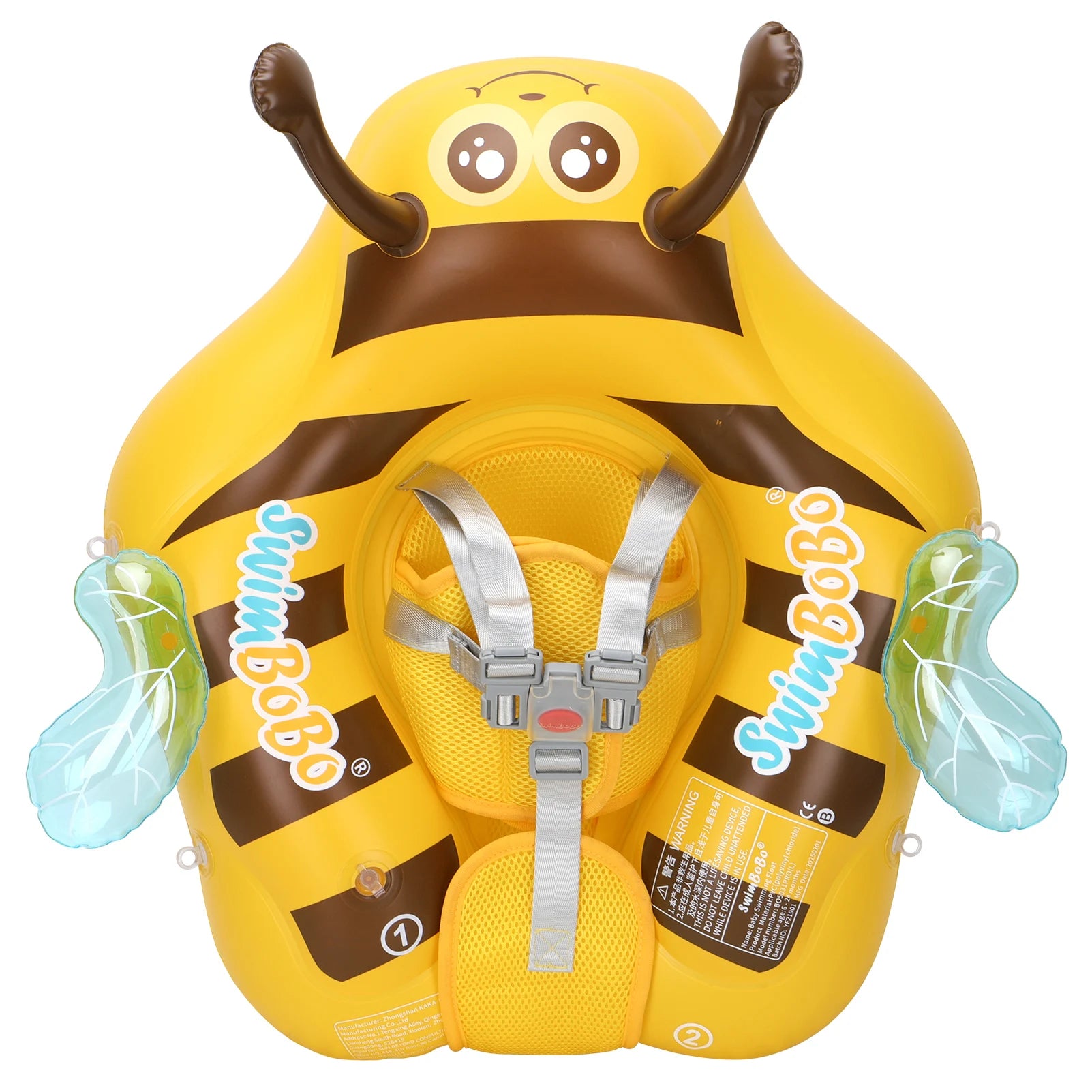Baby Bee Float Ring by Baby Bubble, inflatable mesh safety seat for babies, shown inflated with mesh seating and safety straps.
