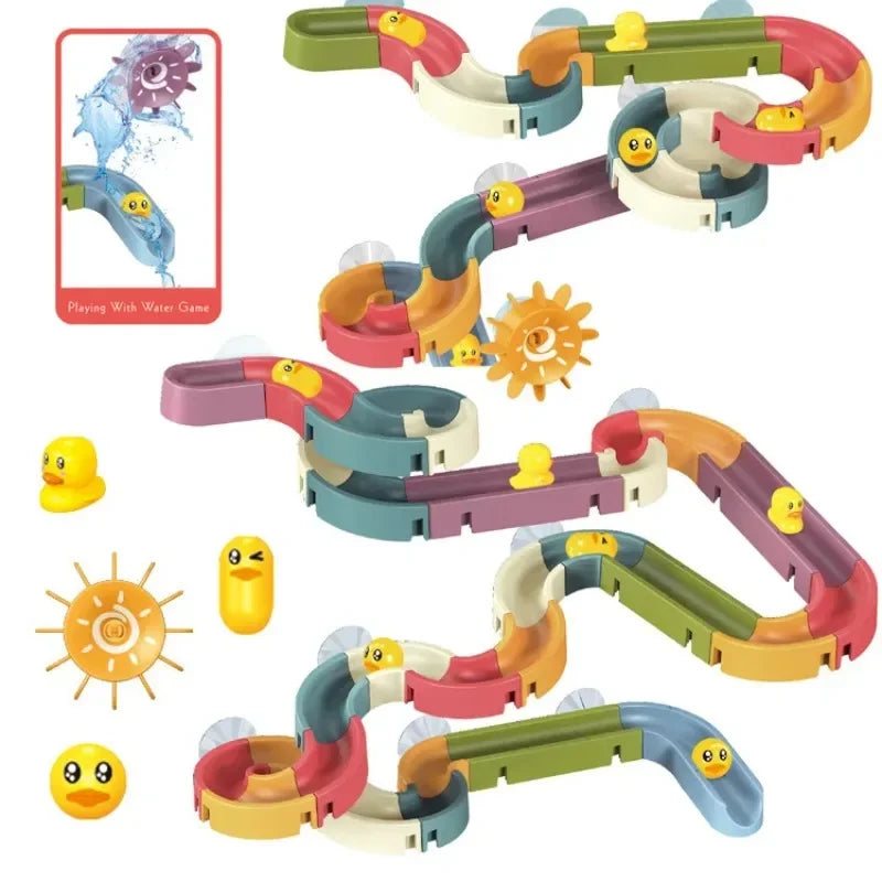 Baby Bubble build and play water activity set featuring colorful bath track slide and floating toys for babies.