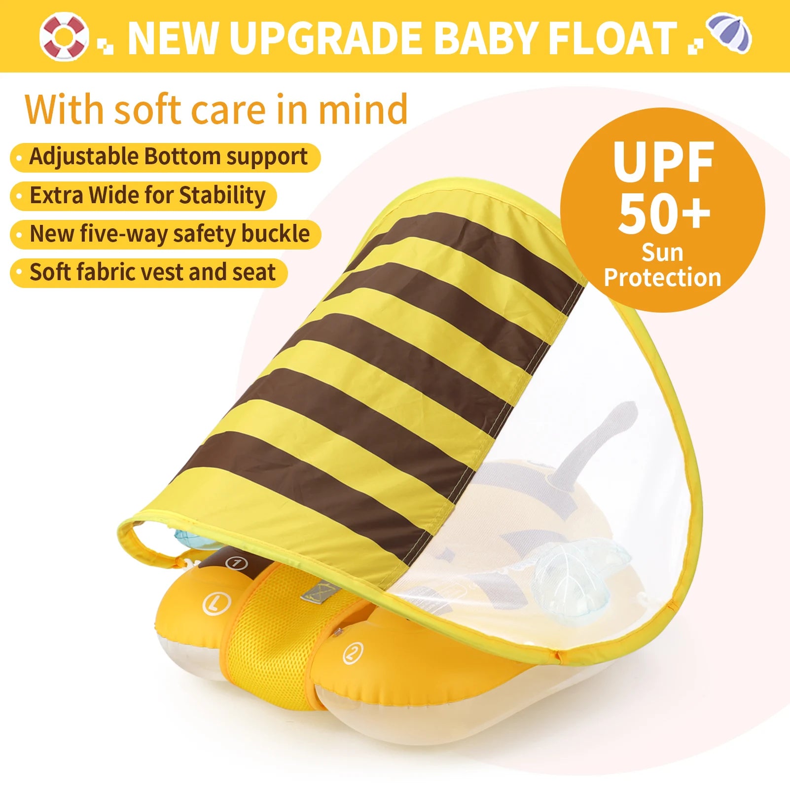 Baby Bee Float Ring inflatable mesh safety seat, yellow and blue, designed for gentle support and fun in the water.