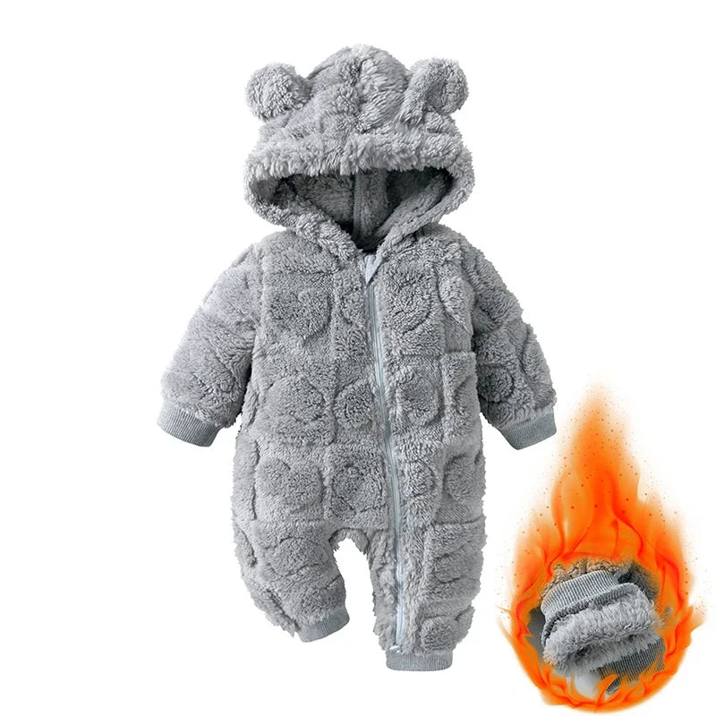 Baby Bubble baby velvet hooded romper with cartoon print, soft warm fabric, perfect for cozy comfort and adorable style.