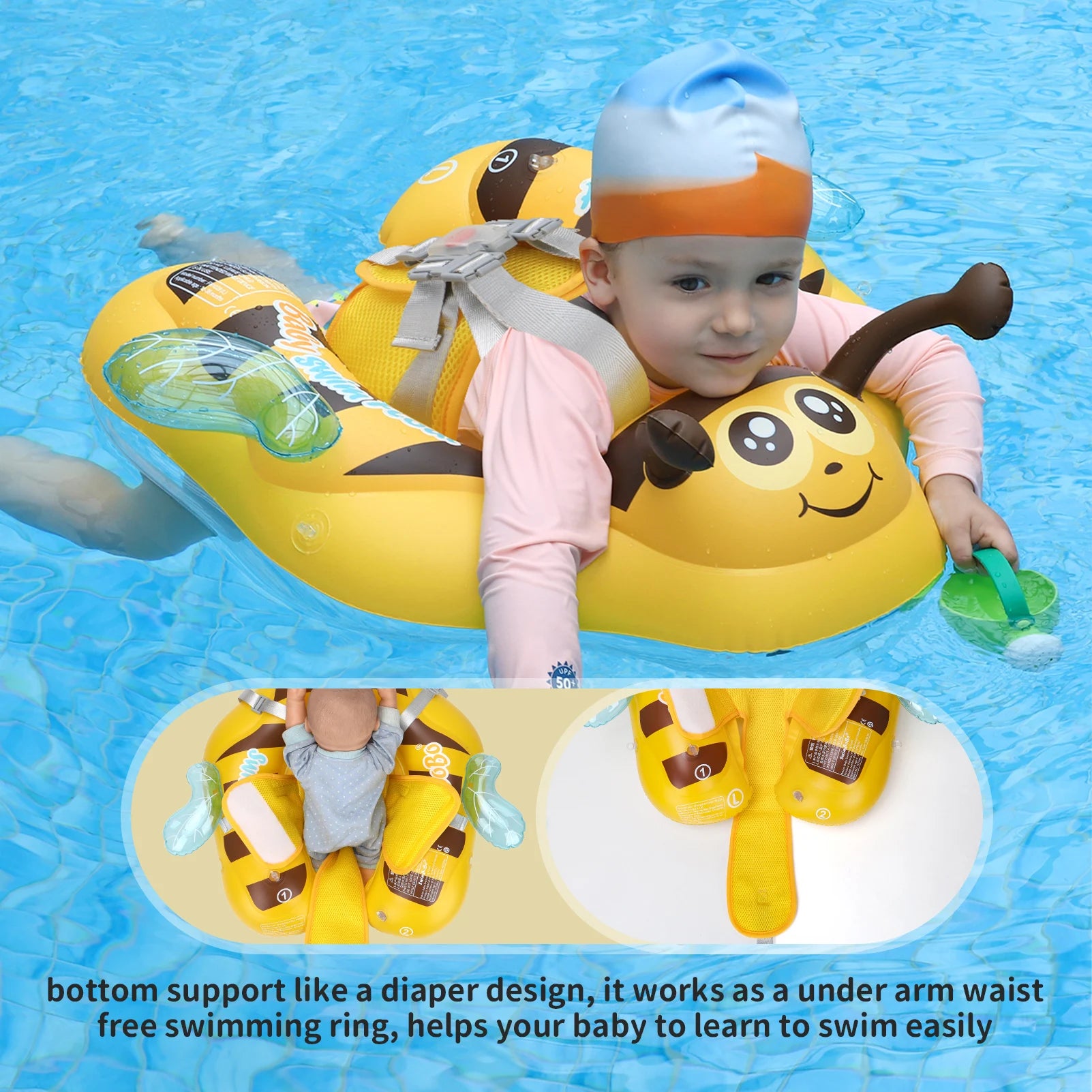 Baby Bubble Baby Bee Float Ring with inflatable mesh safety seat, designed for infant water fun and secure floating.