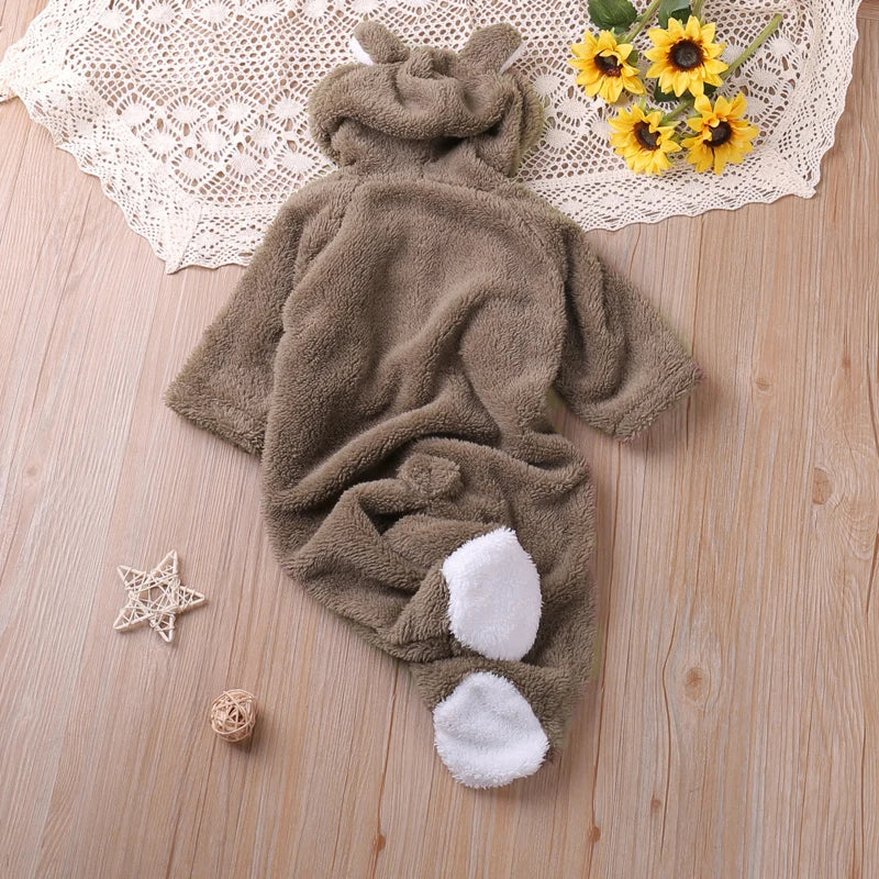 Cute cartoon bear romper by Baby Bubble featuring a cozy autumn playsuit for babies, with soft fabric and bear design.