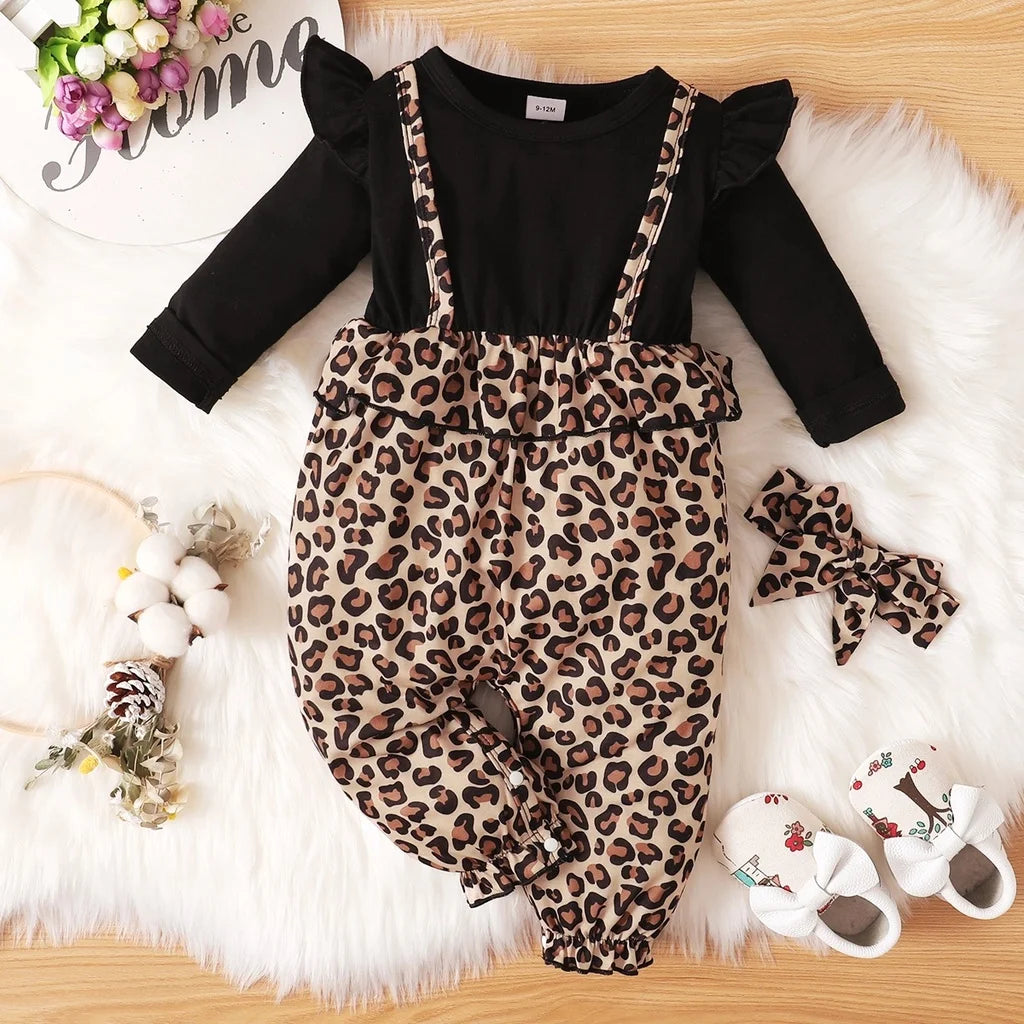 Baby Bubble leopard print girl bodysuit set with cute long-sleeve top and matching bottoms, perfect for adorable toddler outfits.