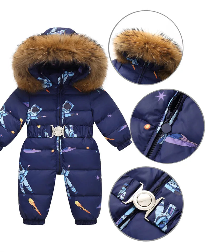 Kids winter waterproof down snowsuit by Baby Bubble, insulated and cozy for cold weather, with a hood and full-body coverage.