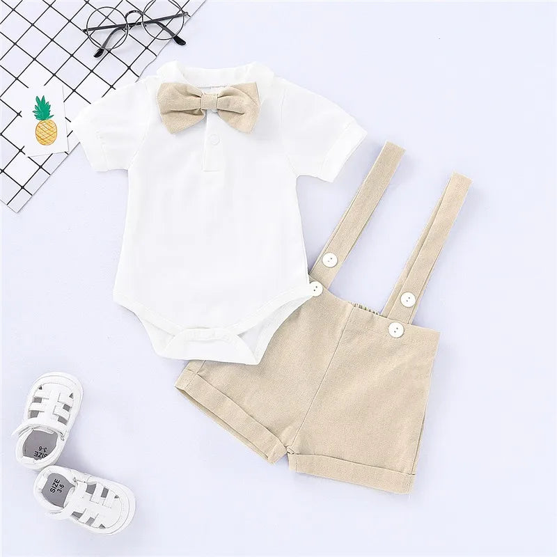 Newborn boy gentleman bowtie romper from Baby Bubble, summer set for ages 0-24 months, soft fabric and stylish design.