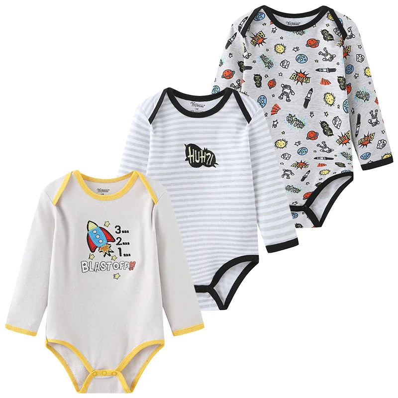 Set of three Baby Bubble newborn cotton bodysuits with long sleeves, soft fabric, and colorful patterns for everyday wear.