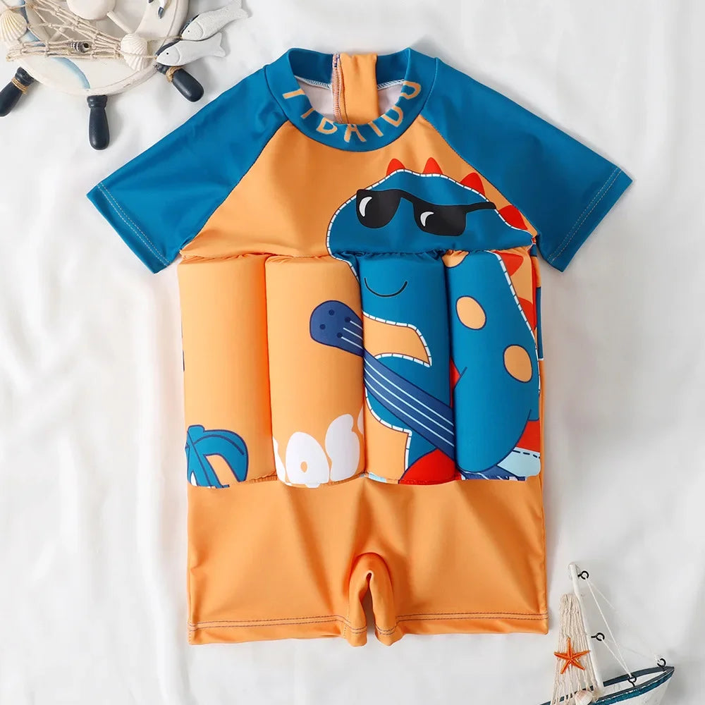 Children's buoyancy swimsuit by Baby Bubble with colorful cartoon print, designed for safety and fun in the water.