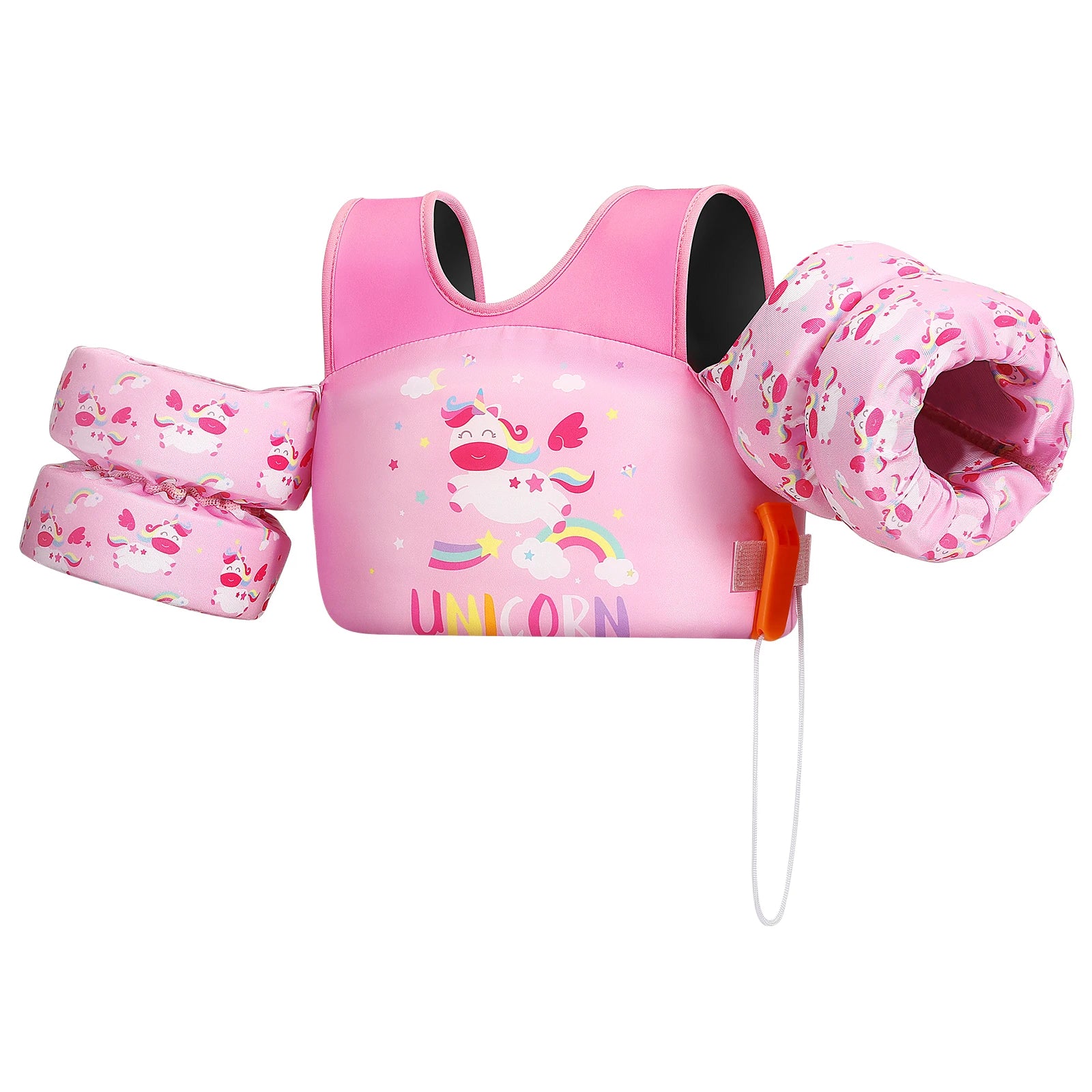 Baby Bubble Kids' safety life vest with foam arm floats and safety whistle, designed for water safety and buoyancy.
