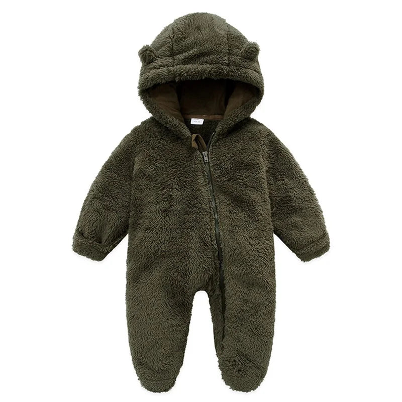 Baby Bubble baby hooded plush romper in soft, warm fabric with a cozy hood, perfect for winter comfort.