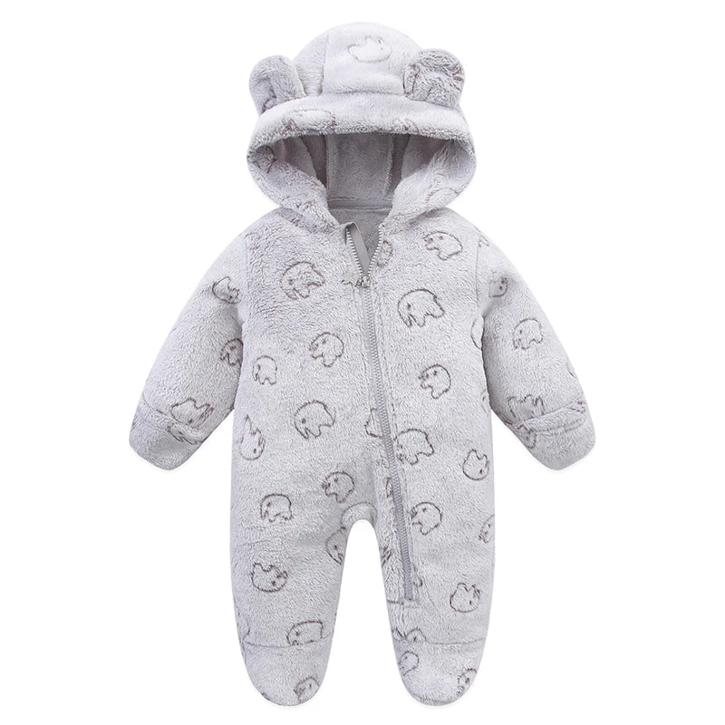 Baby Bubble soft flannel newborn jumpsuit with cartoon design, warm romper for baby boys and girls aged 0-12 months.