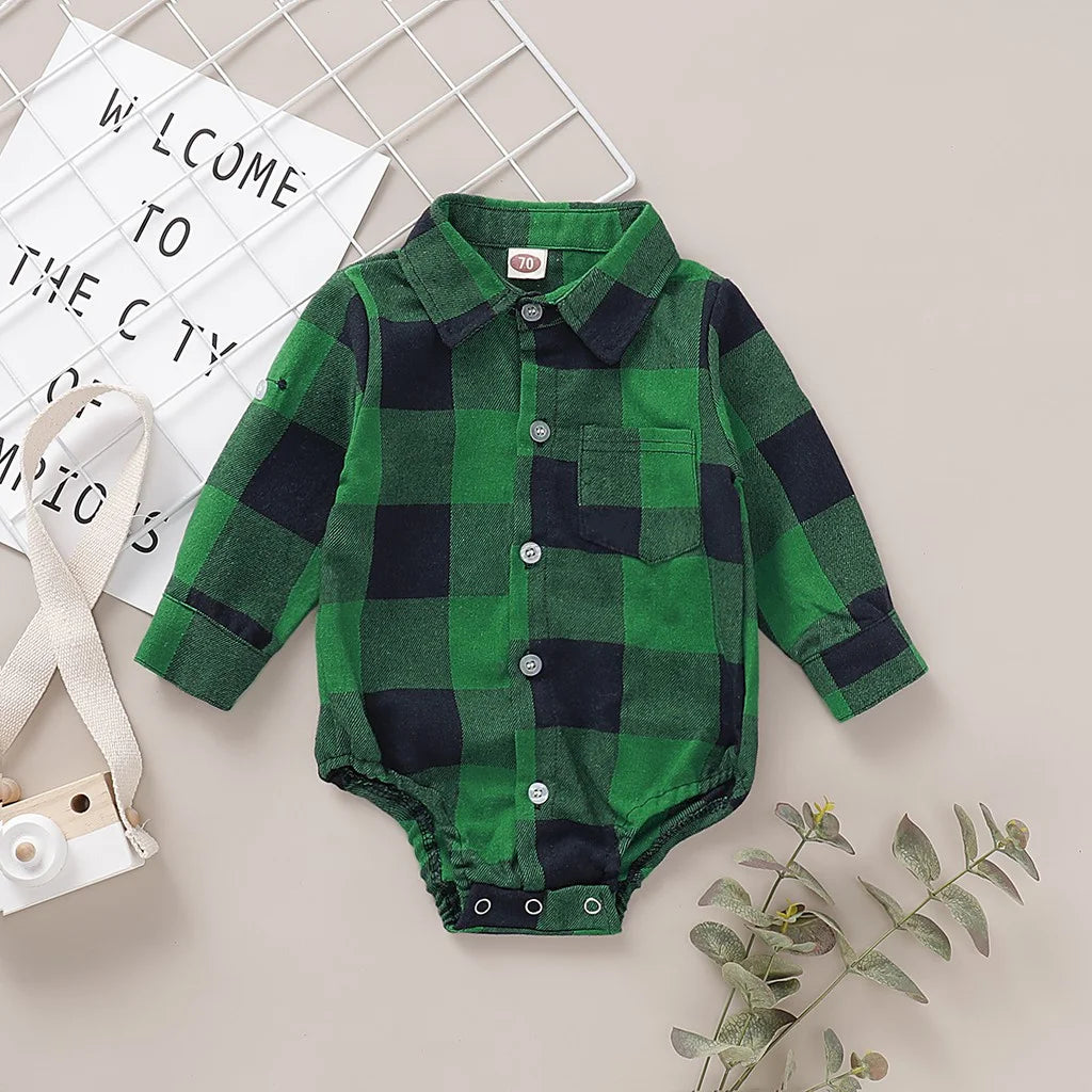 Baby Bubble newborn boy bodysuit with plaid long sleeves, lapel shirt, and romper for 0-18 months toddler boy.