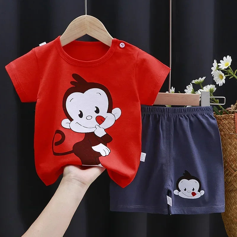 Baby Bubble cartoon print contrast T-shirt and shorts set featuring colorful cartoon characters and playful design for kids.