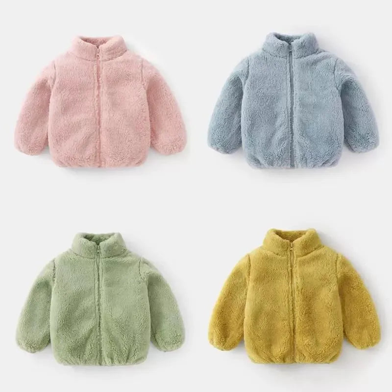Soft pink Baby Bubble plush warm jacket for infants, featuring cozy fleece material and a cute hood with bear ears.