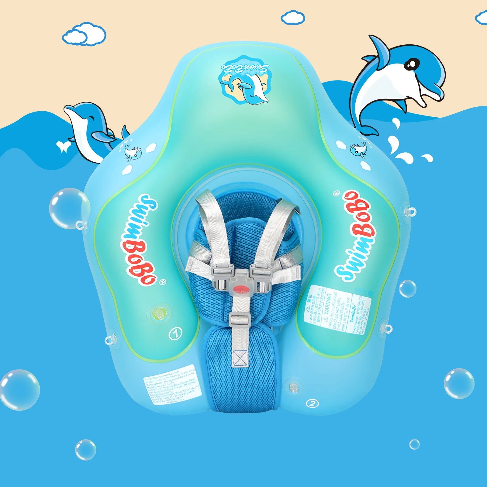 Baby Bubble baby float ring with canopy providing UV sun protection, featuring a colorful design and adjustable safety straps.