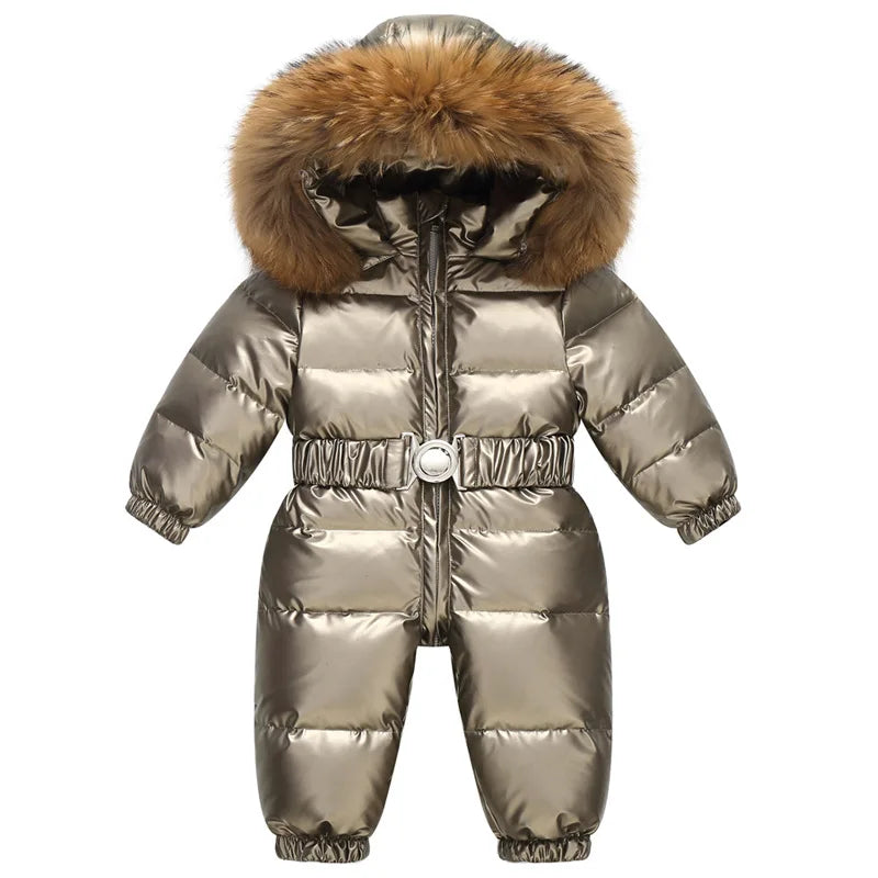 Kids winter waterproof down snowsuit by Baby Bubble, insulated and cozy for cold weather, with a vibrant winter-themed design.