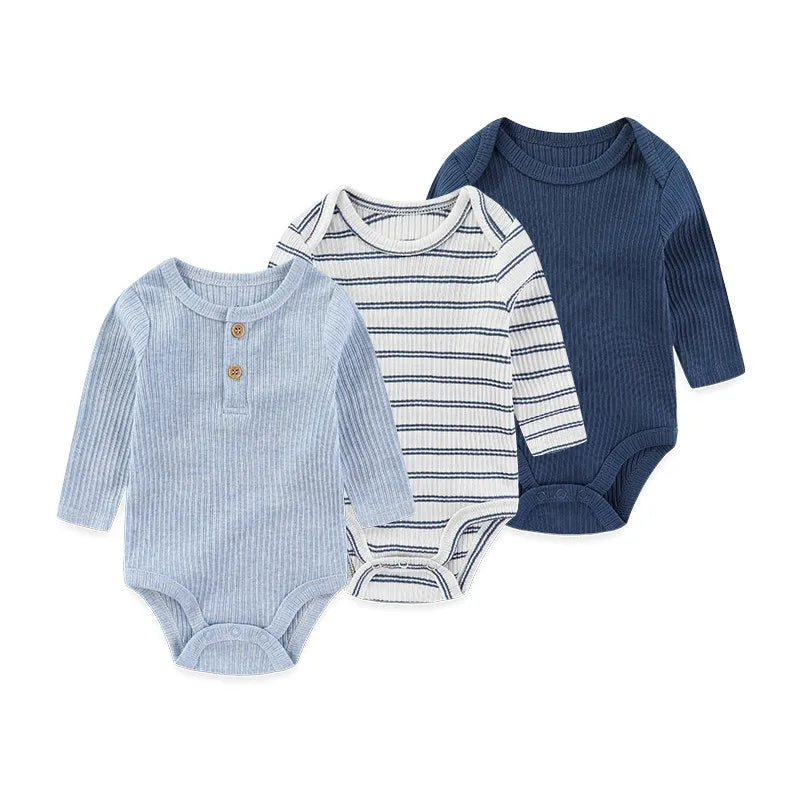 Set of three Baby Bubble newborn cotton bodysuits in soft, comfortable fabric, perfect for everyday wear for infants.
