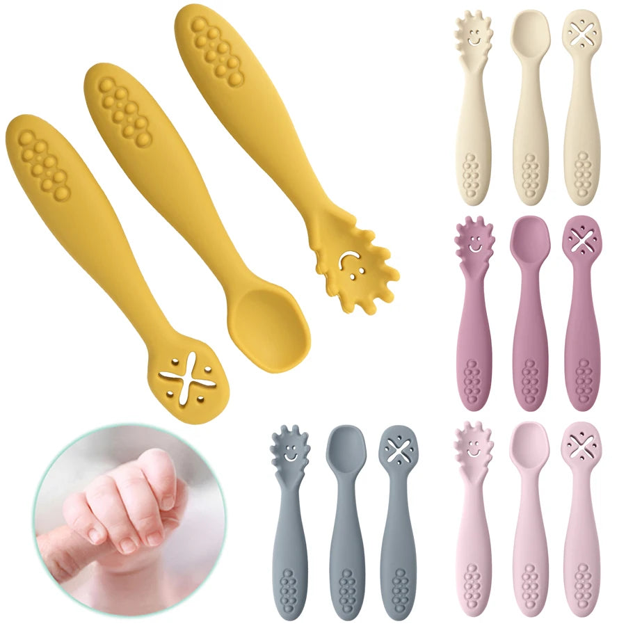 Baby Bubble silicone spoon set with three colorful, child-friendly spoons for safe feeding and weaning for babies and toddlers.