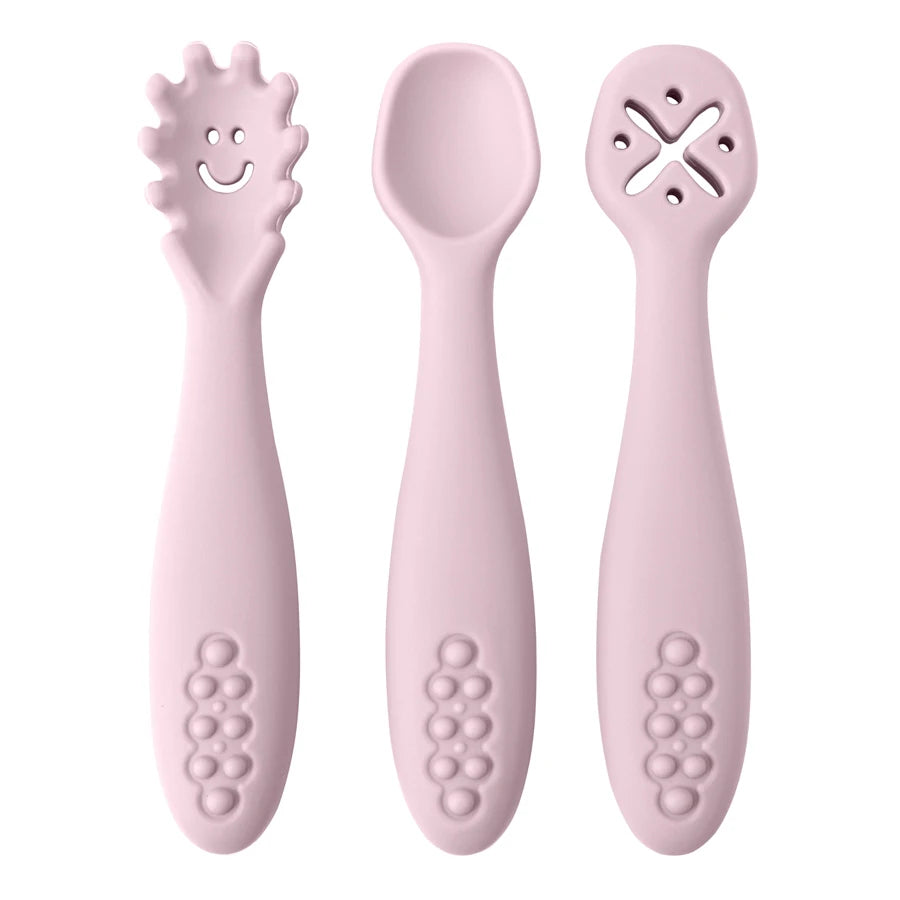 Baby Bubble silicone spoon set with three cute, child-friendly feeding spoons for safe weaning and toddler feeding.